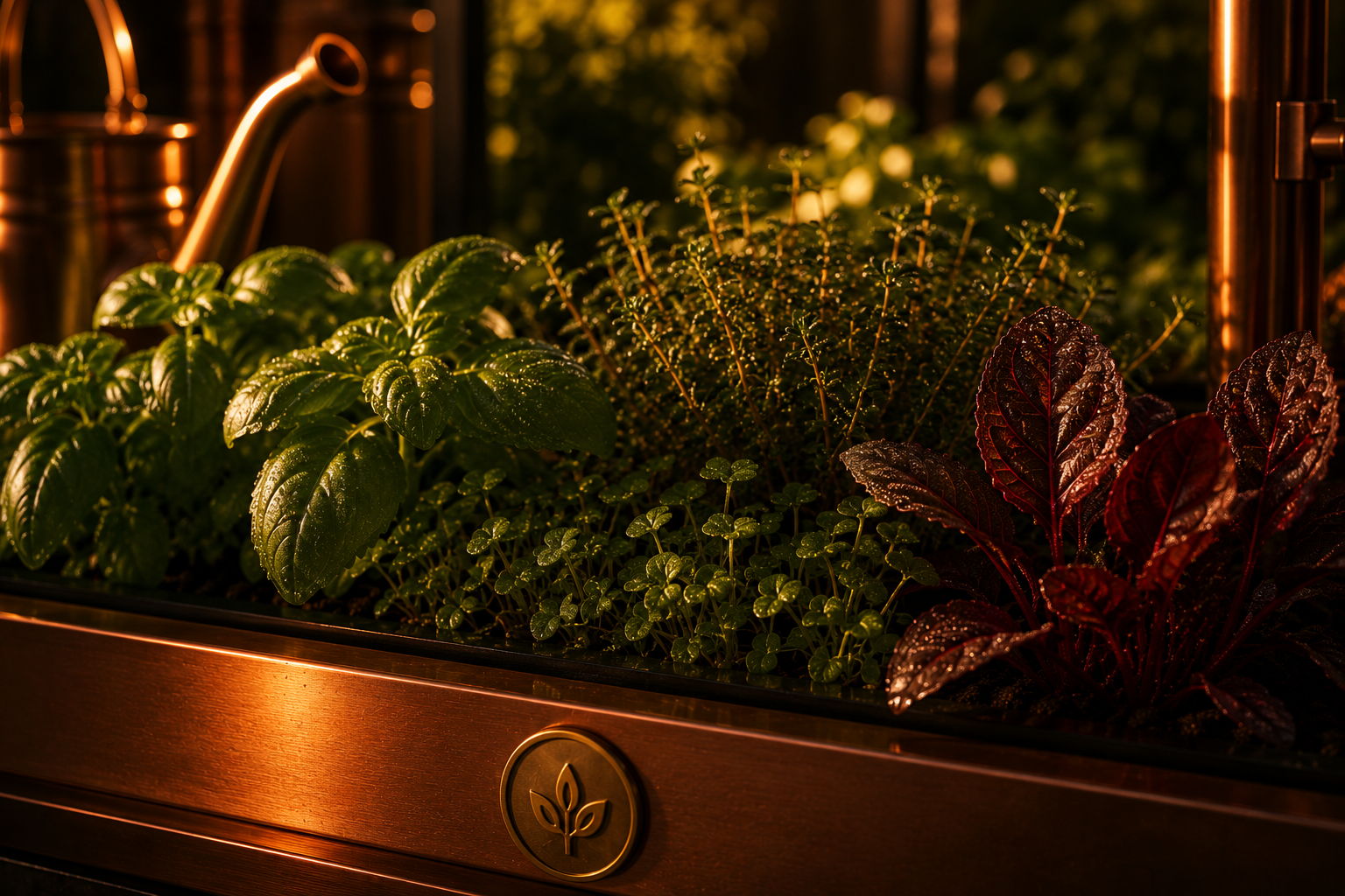 Close view of culinary herbs growing in a managed cultivation trough.