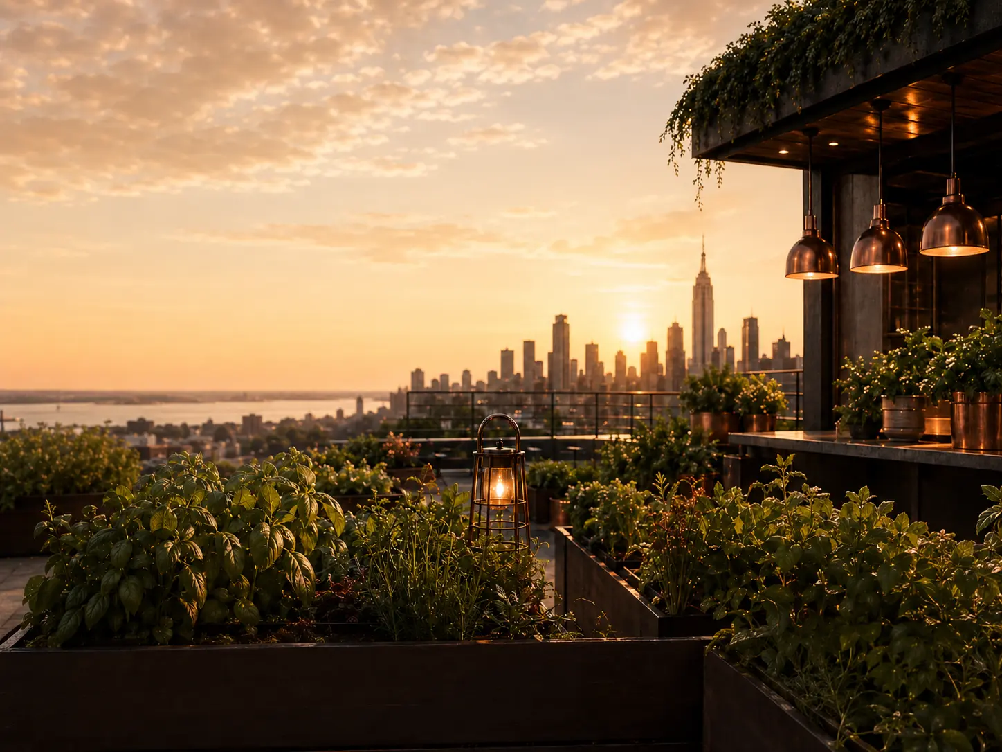 Rooftop kitchen garden at sunset, raised beds of basil and herbs under copper lamps, the New York skyline beyond.