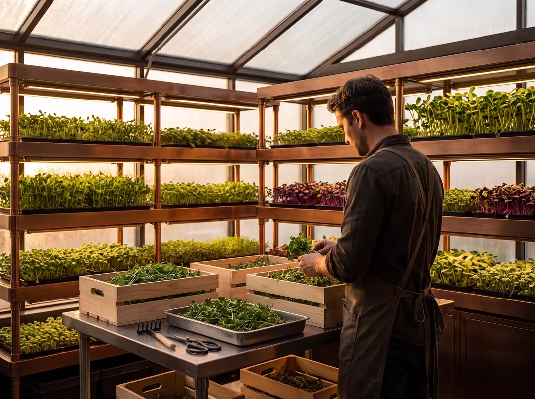A grower in a dark apron packs freshly cut microgreens into trays and crates in a greenhouse lined with racks of microgreens.