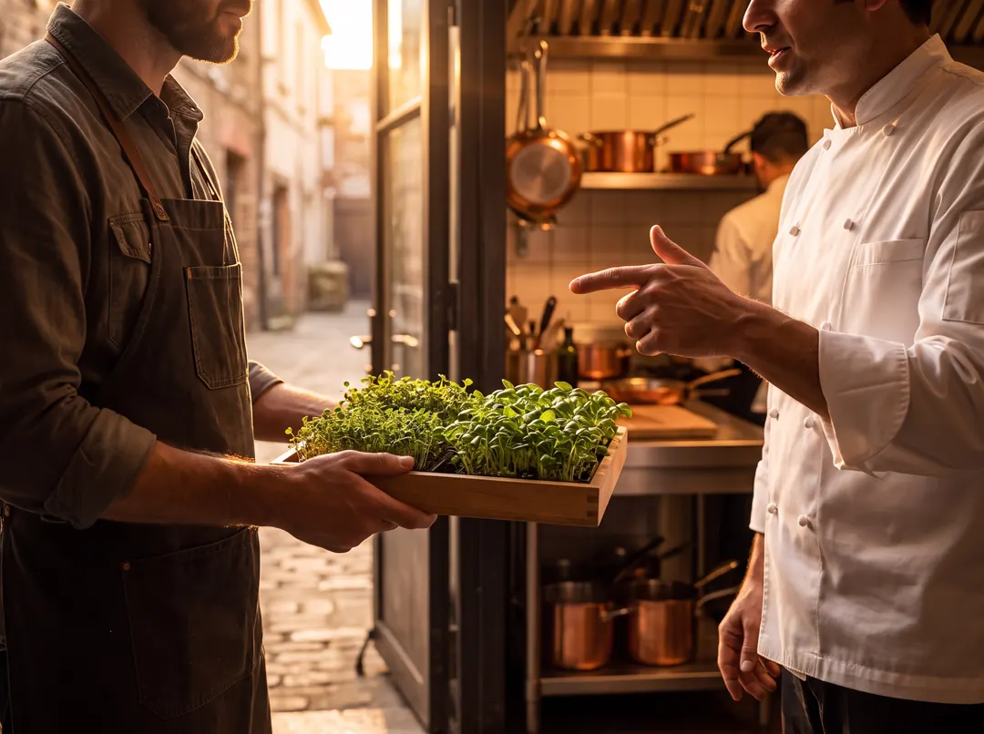 At the kitchen’s back door, a grower holds out a tray of microgreens while the chef points at it, talking through what the kitchen needs.