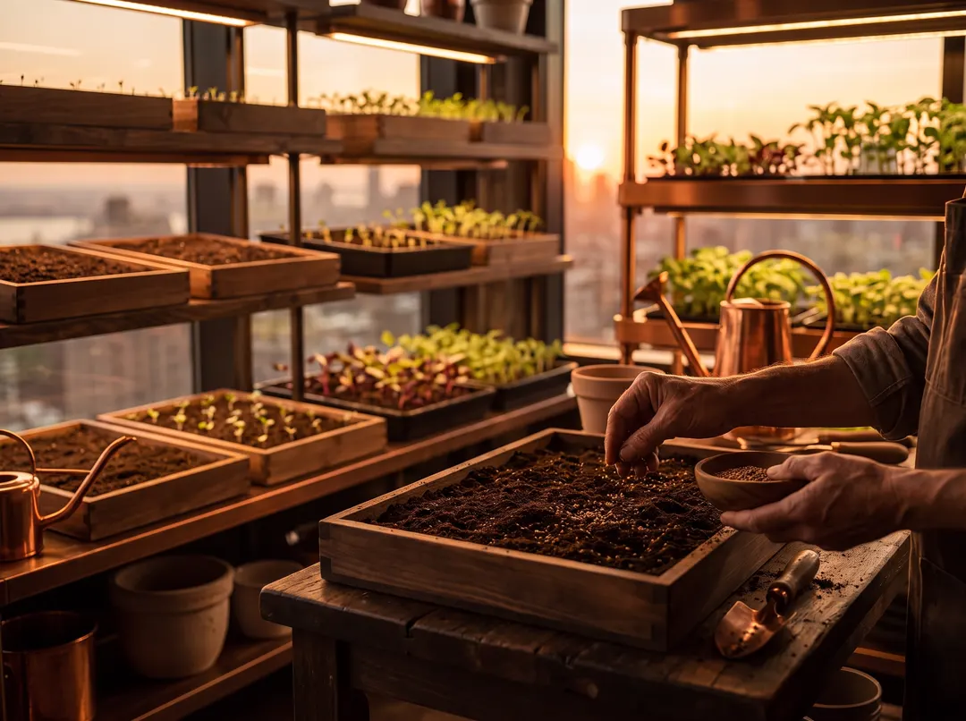 A grower’s hands sow seeds into a tray, with trays behind at every stage from bare soil to seedlings.