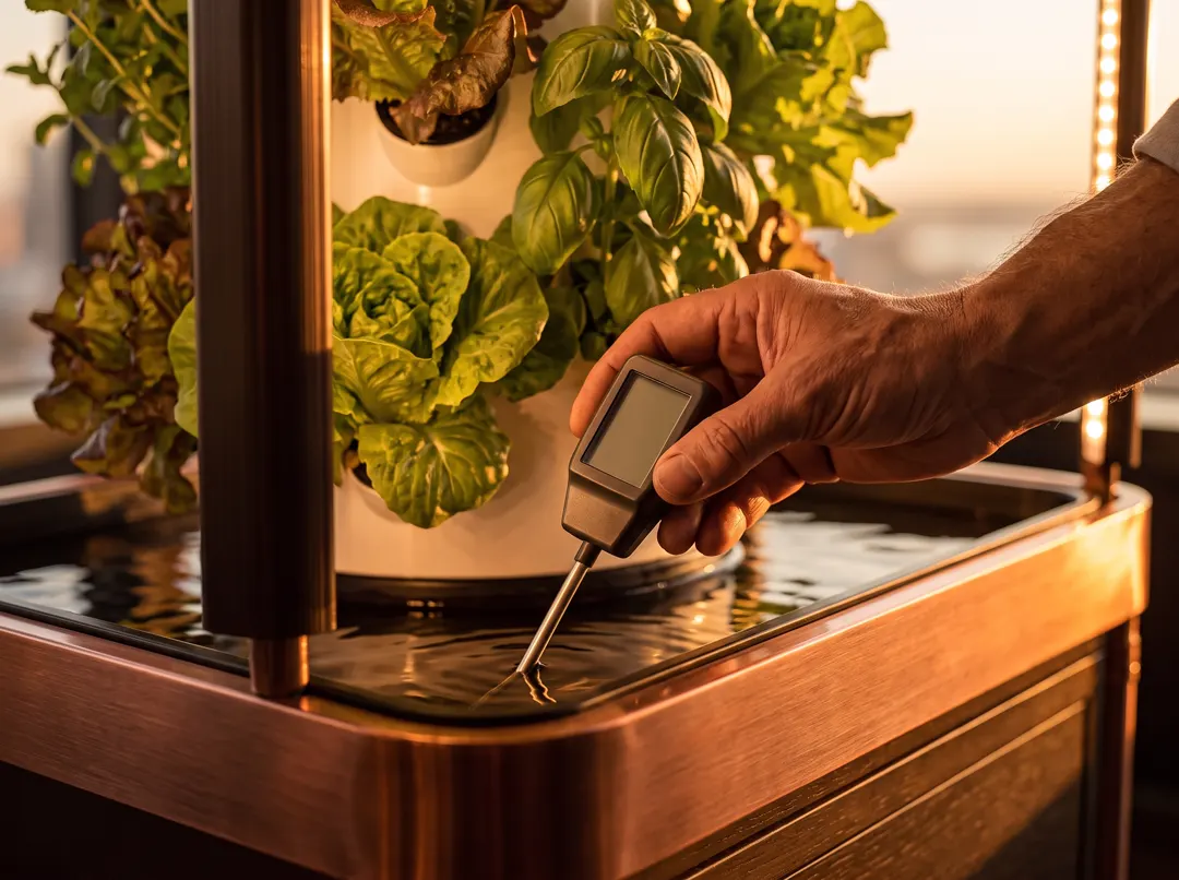 A grower lowers a handheld meter’s probe into the reservoir of a hydroponic tower planted with lettuce and basil.