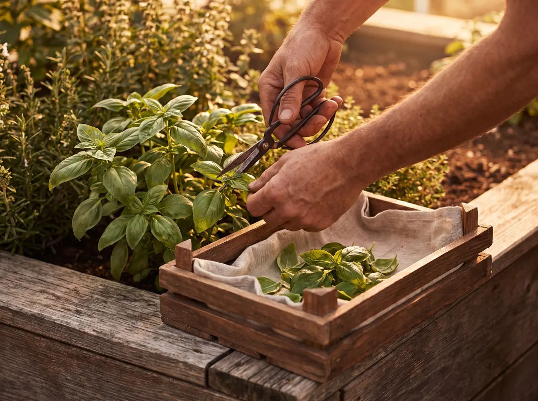 A grower’s hands cut basil into a linen-lined crate on the edge of a rooftop bed at golden hour.