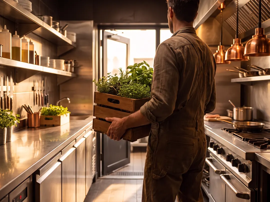 Early in the morning, a grower in work overalls stands in a restaurant kitchen by the open back door, holding stacked crates of fresh herbs.