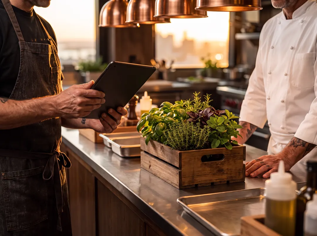 At the kitchen pass, a grower reads from a tablet while the chef listens, a crate of fresh herbs between them.
