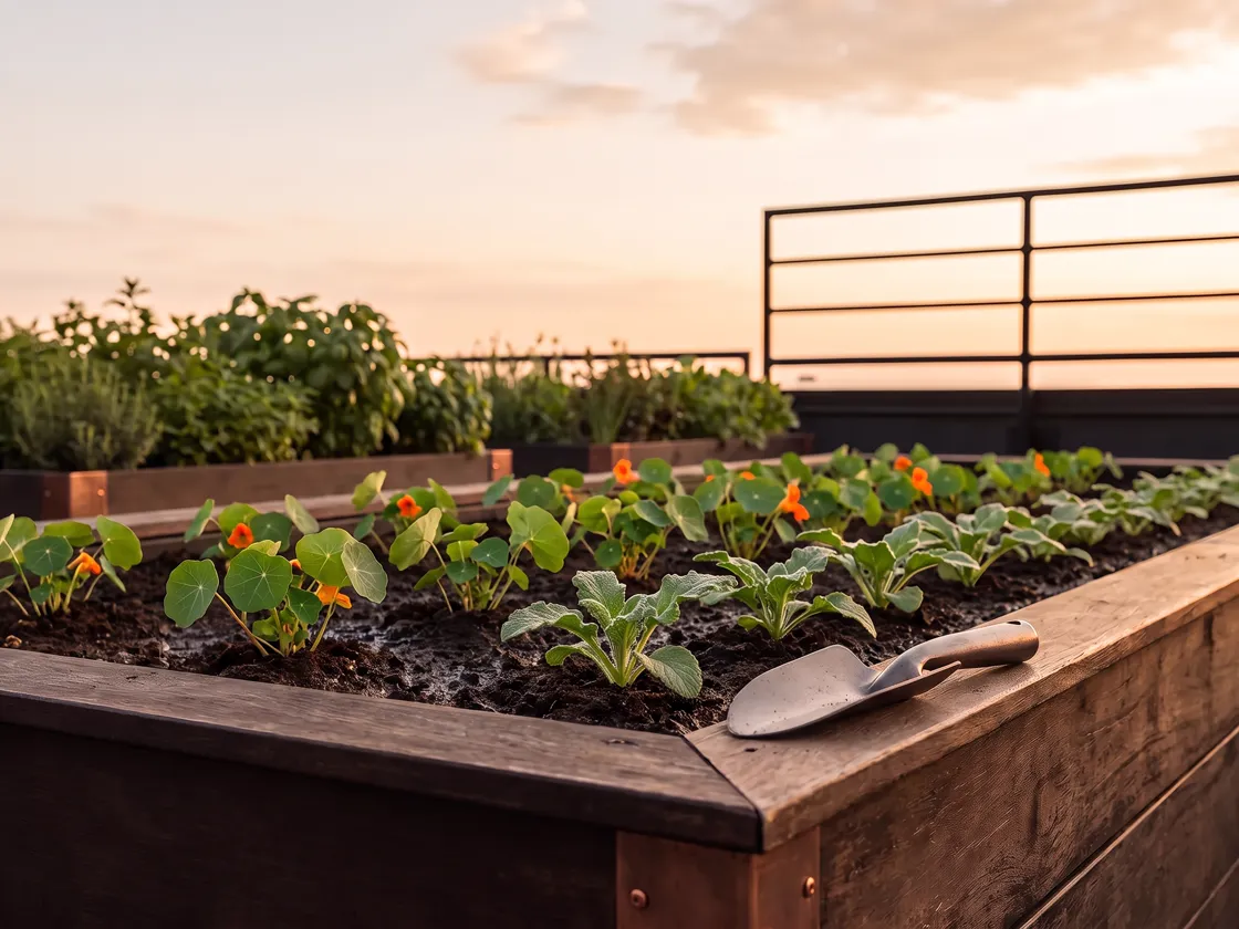 The same rooftop bed replanted with young nasturtiums and borage, freshly watered.